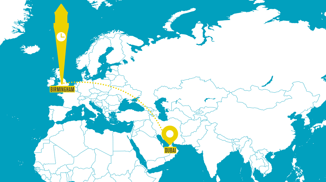 A map showing Birmingham and Dubai