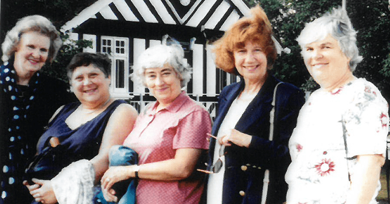 Left to right: Margaret Hancock (née Wishlade), Betty Weiner (née Schlesinger), Anne Carter (née Friedlander) Claire Hewitson, Wendy Henningsson (née Phillips)